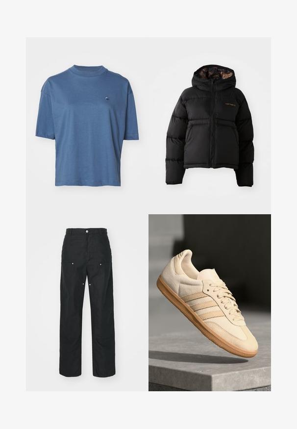 Crna puffer jakna s kapuljačom, s patentnim zatvaračem, horizontalnim kvadratnim dizajnom i mekim, teksturiranim unutarnjim oblogom. Prikazan Carhartt logotip.; Carhartt WIP CHESTER - Osnovna majica kratkih rukava - positano; Crne hlače ravnog kroja, napravljene od teksturirane tkanine. Sadrže dekorativne srebrne detalje i jedinstveno obrubljene šavove.; Svijetlosmeđi nubuk tenisice s gumenim potplatom, tri dijagonalne pruge i teksturirani vrh. Sadrži logo na jeziku i bočnoj strani.