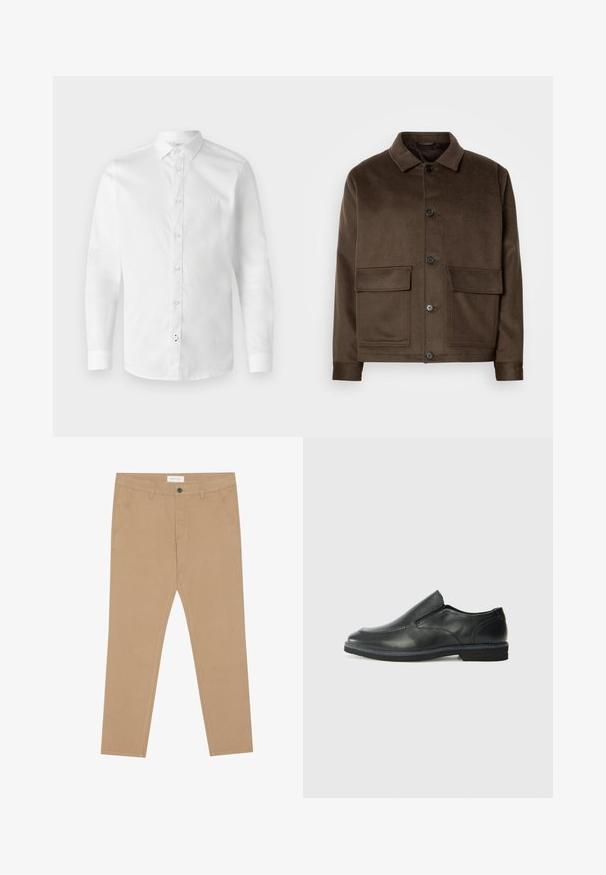 Brūna vilnas maisījuma jaka ar klasisku apkakli, četrām priekšējām kabatām, pogu aizdari un gludu tekstūru. Šaurs piegriezums.; Balta garām piedurknēm krekls, izgatavots no gludas kokvilnas, ar pogu aizdari un standarta apkakli. Iezīmēts ar smalku šuvēju un mazu logo kreisajā krūtīs.; Haki chinos izgatavoti no kokvilnas maisījuma, ar plakanu priekšpusi, divām sānu kabatām un vienu aizmugurējo kabatu. Viegls audums ar gludu tekstūru.; Melnas ādas slip-on kurpes ar gludu augšdaļu, izšūtām akcentiem, noapaļotu purngala daļu un zemu gumijas papēdi. Zole ar minimālu rakstu.