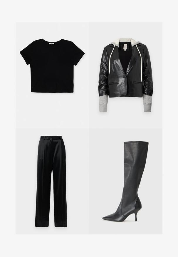 Musta nahkainen lyhythihainen takki, jossa on harmaat collegehihat ja huppu. Takissa on yksi napitus ja kaksi etutaskua.; Mustat lyhyet hihat ja pyöreä pääntie, tämä pehmeästä puuvillasta valmistettu lyhythihainen toppi on tyylikäs ja yksinkertainen. Siinä on siisti helma ilman koristeita.; Mustat korkeavyötäröiset satiinihousut, joissa on suorat leveät lahkeet, vyölenkit ja litteä etulukko vaalean valkoista taustaa vasten.; Polvisuuriset mustat nahkasaappaat, joissa on terävä kärki ja hoikka stiletto-korko. Silkkinen pinta, tiukka muotoilu ja ompeleet yläreunassa.