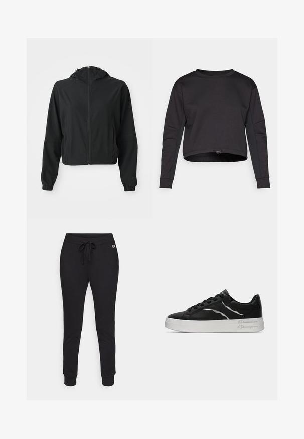 Sort letvægts hættetrøje med frontlynlås, to sidelommer, elastiske manchetter og diskret branding på venstre ærme og håndled.; Sort sweatshirt med en cropped design, lange ærmer, rund hals og sidepaneler som accentuerer. Fremstillet af blødt, strækbart materiale. Justerbar kant med snoretræk.; Sorte joggerbukser lavet af blødt stof, med en justerbar snor i taljen og ribbede manchetter for en tætsiddende pasform. Logoer på siden.; Sort læder sneakers med hvid sål, prydet med tynde sølv accenter og snørelukning. Glat tekstur med mærkedetaljer på hælen.