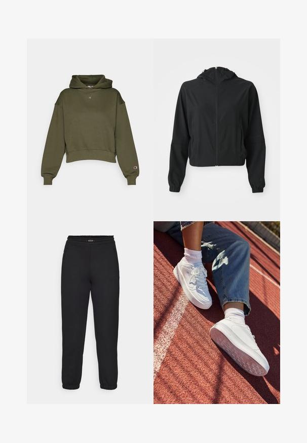 Chaqueta ligera negra con capucha, cremallera frontal, dos bolsillos laterales, puños elásticos y un sutil logotipo en la manga izquierda y la muñeca.; Sudadera corta de color verde oliva hecha de suave forro polar, con capucha ajustable, puños acanalados y un pequeño logo en el pecho y la manga.; Champion C-TECH CUFFED PANTS INTERLOCK - Pantalones deportivos - black; Zapatillas de cuero blancas con puntera perforada, cordones planos y suela de goma. Llevadas con calcetines blancos y vaqueros azul claro, en una pista de atletismo roja.