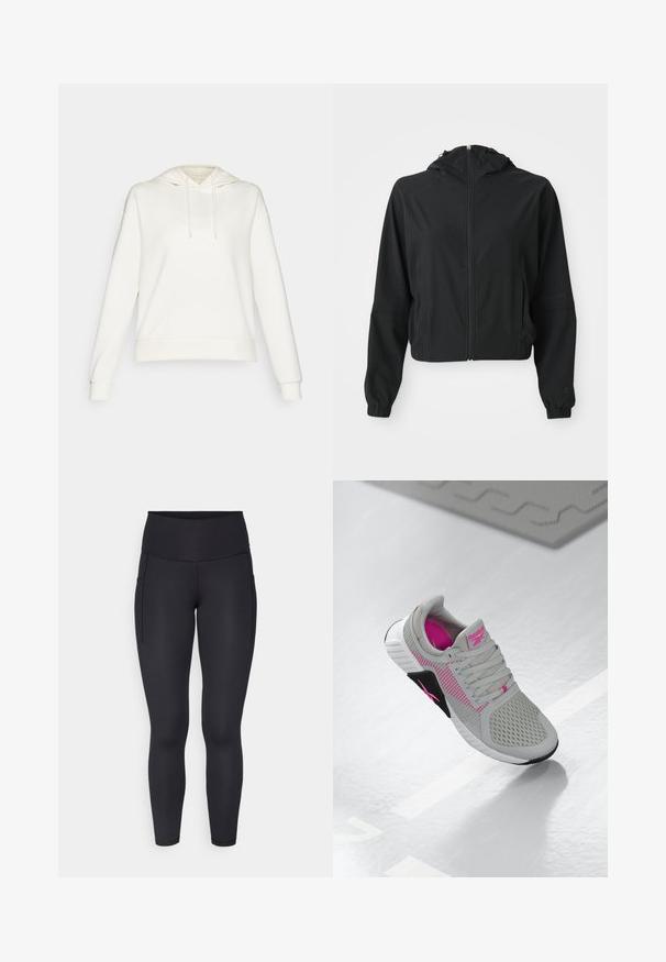 Černá lehká bunda s kapucí, předním zipem, dvěma bočními kapsami, elastickými manžetami a jemným logem na levém rukávu a zápěstí.; Bílá mikina s kapucí na šňůrku, dlouhými rukávy a žebrovanými manžetami. Disponuje hladkým povrchem látky a volným střihem.; Černé legíny vyrobené z elastického materiálu, s vysokým pasem a dvěma bočními kapsami. Hladký povrch s přiléhavým střihem.; Šedé a růžové sportovní tenisky Reebok s síťovaným svrškem a detailní podrážkou, vystavené na reflexním bílém povrchu.