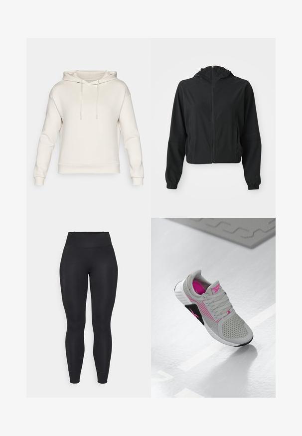 Chaqueta ligera negra con capucha, cremallera frontal, dos bolsillos laterales, puños elásticos y un sutil logotipo en la manga izquierda y la muñeca.; Sudadera con capucha en color crema, de corte relajado, con cordón ajustable, puños acanalados y textura sólida. Sin patrones ni gráficos visibles.; Leggings negros de tejido elástico, con cintura alta, piernas ajustadas y puños en los dobladillos, con una textura suave y mate.; Zapatilla deportiva Reebok en gris y rosa con parte superior de malla y suela detallada, exhibida sobre una superficie blanca reflexiva.