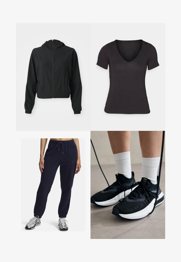 Zwarte lichtgewicht capuchonjack met een ritssluiting aan de voorkant, twee zijzakken, elastische boorden en subtiele branding op de linker mouw en pols.; Zwarte short-sleeve V-hals T-shirt van gladde stof, met een getailleerde pasvorm en een schone, naadloze zoom.; Marineblauwe fleece joggingbroeken met elastische tailleband, trekkoord en geplooide enkels. Bevat een subtiele geborduurde logo aan de zijkant.; Zwarte sportschoenen van gestructureerde stof, met een witte zool en zwarte veters. Draag ze met witte geribde sokken, staand op een lichte ondergrond.