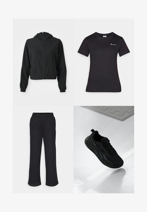 Jaqueta preta leve com capuz, fecho frontal, dois bolsos laterais, punhos elásticos e uma marcação discreta na manga esquerda e no pulso.; Camiseta preta de manga curta feita de algodão, com um pequeno logótipo bordado no peito. Design clássico de gola redonda com uma textura suave.; Mangas de desporto pretas com uma forma ampla, cintura elástica e bolsos laterais. Feitas de um tecido macio, sem padrões ou detalhes visíveis.; Sapatilha atlética preta com parte superior em malha, apresentando detalhes texturizados e um formato de sola plana. Inclui logotipo tonal e uma aba de puxar no calcanhar.