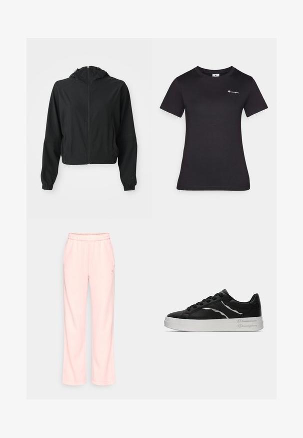 Svart lett hettejakke med frontglidelås, to sidelommer, elastiske mansjetter og subtil merking på venstre erme og håndledd.; Sort t-skjorte med korte ermer laget av bomull, med et lite brodert logo på brystet. Klassisk crewneck-design med en myk tekstur.; Lys rosa joggebukser med elastisk midje, rett ben design og sidelommer. Laget av myk, komfortabelt stoff med minimale detaljer.; Sorte lærersneakers med hvit såle, med tynne sølvdetaljer og snøring. Glatt tekstur med merkevaredetaljering på hælen.
