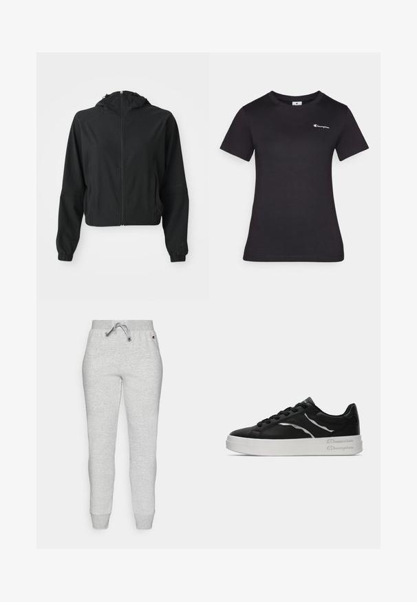 Jaqueta preta leve com capuz, fecho frontal, dois bolsos laterais, punhos elásticos e uma marcação discreta na manga esquerda e no pulso.; Camiseta preta de manga curta feita de algodão, com um pequeno logótipo bordado no peito. Design clássico de gola redonda com uma textura suave.; Calças de moletão cinzentas feitas de um tecido macio, com uma cintura elástica com cordão, pernas ajustadas e punhos canalé.; Sapatilha de couro preta com sola branca, apresentando finos realces em prata e design com atacadores. Textura suave com detalhamento de marca na parte de trás.