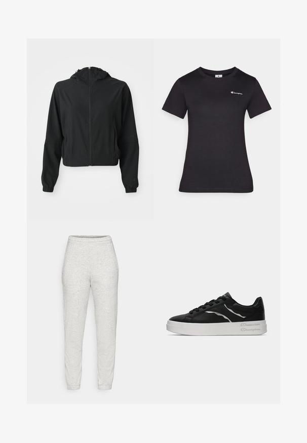 Black lightweight hooded jacket with front zipper, two side pockets, elastic cuffs, and subtle branding on the left sleeve and wrist.; Black short-sleeve t-shirt made of cotton, featuring a small embroidered logo on the chest. Classic crewneck design with a soft texture.; Light gray sweatpants in soft, textured fabric. Features an elastic waistband and tapered ankles. Simple design without pockets or patterns.; Black leather sneaker with white sole, featuring thin silver accents and lace-up design. Smooth texture with branded detailing on the heel.