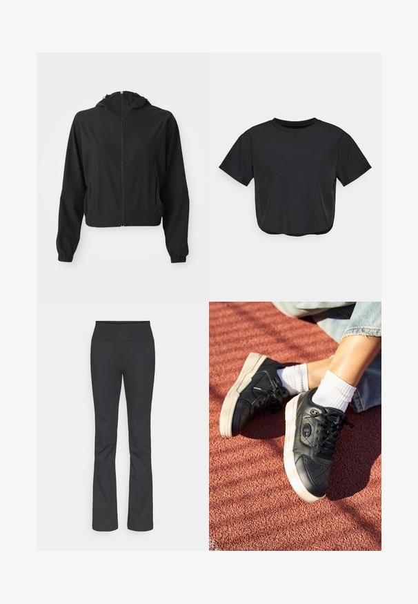 Mustas kerge kapuutsiga jakk esi tõmblukuga, kahe külgtaskuga, elastsete mansettidega ning peene brändimisega vasakul varrukal ja randmel.; Must mustrinda mustel t-särk, mis on valmistatud pehmest materjalist, ümmarguse kaelusega, lühikeste varrukatega ja mugava lõikega. Peened õmblusdetailid.; Mustad flared püksid, millel on kõrge vöökoht, valmistatud venivast materjalist, millel on sile tekstuur ja ei ole nähtavaid mustreid ega metalldetailide. ; Champion RD18 HERITAGE QUILT - Korvpallijalatsid - black/sand