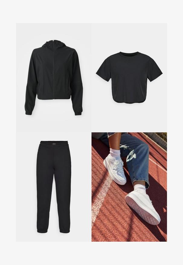 Black lightweight hooded jacket with front zipper, two side pockets, elastic cuffs, and subtle branding on the left sleeve and wrist.; Black cropped t-shirt made of soft material, featuring a round neckline, short sleeves, and a relaxed fit. Subtle stitching details.; Champion C-TECH CUFFED PANTS INTERLOCK - Tracksuit bottoms - black; White leather sneakers with perforated toe, flat laces, and rubber sole. Worn with white socks and light blue jeans, on a red running track.