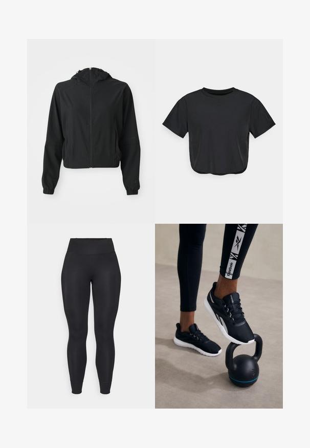 Fekete, könnyű kapucnis dzseki elülső cipzárral, két oldalsó zsebbel, rugalmas mandzsettákkal és diszkrét márkajelzéssel a bal ujján és csuklóján.; Fekete, rövidített póló, puha anyagból készült, kerek nyakkivágással, rövid ujjas és laza szabással. Finom varrási részletek.; Fekete leggings rugalmas anyagból, magas derékkal, keskeny lábszárral és mandzsettás szegéllyel, sima, matt felülettel.; Fekete sportcipők, textúrával ellátott felsőrésszel, fehér talppal és szürke akcentusokkal, egy fekete kettlebellre helyezve, kék csíkkal, semleges háttér előtt.