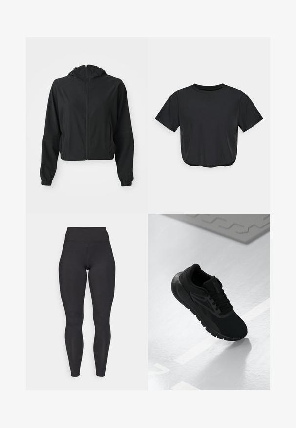 Jaqueta preta leve com capuz, fecho frontal, dois bolsos laterais, punhos elásticos e uma marcação discreta na manga esquerda e no pulso.; T-shirt cropped preto feito de material suave, com decote redondo, mangas curtas e um corte descontraído. Detalhes de costura subtis.; Leggings pretos de cintura alta com uma textura suave, design ajustado e sem padrões ou adornos visíveis. Costura reforçada nas bordas.; Shoe desportivo preto com upper em malha, biqueira redonda, sola almofadada e detalhes texturizados, posicionado sobre uma superfície branca lisa.