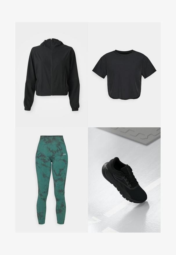 Giacca leggera nera con cappuccio, chiusura frontale con zip, due tasche laterali, polsini elasticizzati e un branding discreto sulla manica sinistra e sul polso.; Maglietta nera corta realizzata in materiale morbido, con scollatura rotonda, maniche corte e vestibilità comoda. Dettagli di cuciture sottili.; Leggings a vita alta in verde scuro con un motivo marmorizzato nero. Il tessuto presenta una texture liscia e una cintura elastica per il massimo comfort.; Scarpa sportiva nera con tomaia in rete, punta rotonda, suola imbottita e dettagli texturizzati, posizionata su una superficie bianca liscia.
