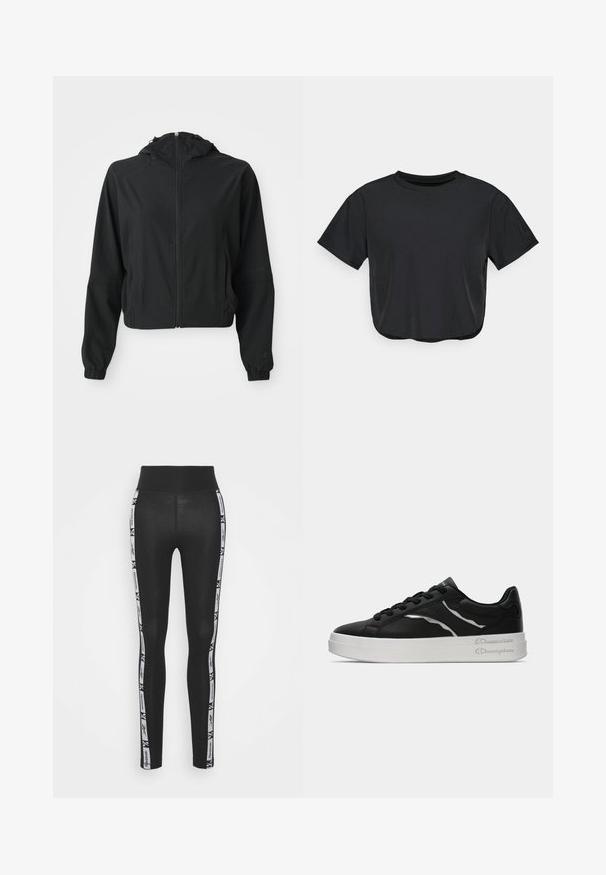 Melnā vieglā kapucēta jakā ar priekšējo rāvējslēdzēju, divām sānu kabatām, elastīgām aprocēm un diskētu apzīmējumu uz kreisās piedurknes un plaukstas.; Melna īsā T-krekls, izgatavots no mīkstas auduma, ar apaļu kakla izgriezumu, īsām piedurknēm un brīvu piegriezumu. Diskrēti šuvju elementi.; Reebok TAPE PACK LEGGING - Legingi - black; Melnas ādas tenisu kurpes ar baltu zoli, ar plānām sudraba akcentu un auklu dizainu. Gluda tekstūra ar zīmola detaļām uz papēža.
