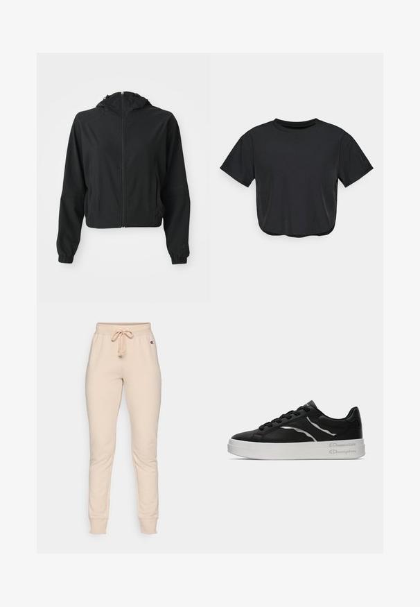 Jaqueta preta leve com capuz, fecho frontal, dois bolsos laterais, punhos elásticos e uma marcação discreta na manga esquerda e no pulso.; T-shirt cropped preto feito de material suave, com decote redondo, mangas curtas e um corte descontraído. Detalhes de costura subtis.; Calças de fato bejes com um cós elástico, cordão e punhos canelados. Apresenta um pequeno logótipo no lado esquerdo, perto do cós.; Sapatilha de couro preta com sola branca, apresentando finos realces em prata e design com atacadores. Textura suave com detalhamento de marca na parte de trás.