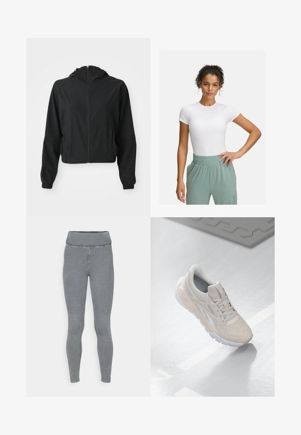 Black lightweight hooded jacket with front zipper, two side pockets, elastic cuffs, and subtle branding on the left sleeve and wrist.; White fitted t-shirt with short sleeves, paired with light green elastic waistband pants. Smooth texture, minimalist design, and no visible patterns.; Gray ribbed leggings featuring a wide, elastic waistband and a tapered fit. Made of stretchy material with a smooth texture.; Light beige athletic shoe with a perforated upper, textured accents, padded collar, and white rubber sole, designed for comfort and breathability.