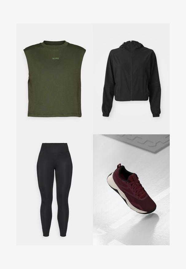 Černá lehká bunda s kapucí, předním zipem, dvěma bočními kapsami, elastickými manžetami a jemným logem na levém rukávu a zápěstí.; Olivově zelený top bez rukávů z měkké tkaniny, s kulatým výstřihem a jemným logem "BORG" v světle zelené barvě na přední straně.; Černé legíny vyrobené z elastického materiálu, s vysokým pasem, zúženými nohavicemi a manžetami na spodním okraji, s hladkou, matnou texturou.; Bordová sportovní obuv s síťovaným svrškem, černými akcenty a polstrovanou bílou podešví. Obsahuje šněrování a poutko na patě.