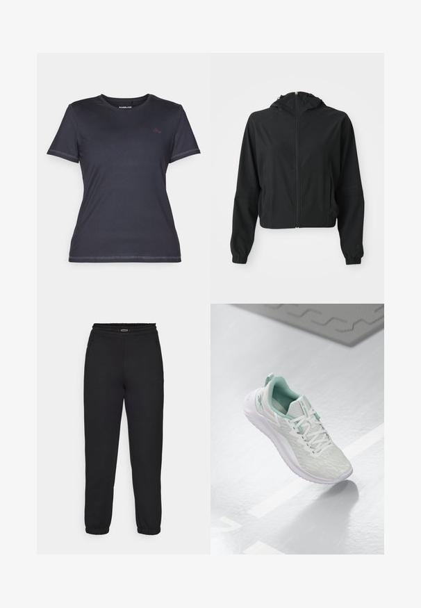 Juodas lengvas striukė su gobtuvu, priekyje su užtrauktuku, dviem šoninėmis kišenėmis, elastinėmis rankovėmis ir subtiliu prekės ženklu kairiajame rankovėje ir rieše.; Trumpo rankovės, apvalaus kaklo marškiniai tamsiai mėlynos spalvos, su lygiu paviršiumi ir kontrastinga rožine logotipo akcentu ant krūtinės.; Champion C-TECH CUFFED PANTS INTERLOCK - Treningo apatinė dalis - black; Šviesiai pilni sportiniai bateliai su tekstūruota mezgimo viršutine dalimi, mėtų žalumo akcentais, baltais raišteliais, guminėmis padangomis ir kilpa kulne.