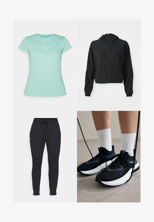 Melnā vieglā kapucēta jakā ar priekšējo rāvējslēdzēju, divām sānu kabatām, elastīgām aprocēm un diskētu apzīmējumu uz kreisās piedurknes un plaukstas.; Minti zaļš t-krekls, izgatavots no mīksta kokvilnas. Tam ir apaļa kakla izgriezuma forma un īsas piedurknes, ar baltu logotipu uz krūtīm.; Melni sporta bikses ar elastīgu jostasvietu, regulējamu auklu, ribotām apkaklēm un mazu logo uz kreisās kājas. Mīksts kokvilnas maisījuma materiāls.; Melni sporta apavi ar strukturētu audumu, balta zole un melni šņores. Valkāti ar baltām ribotām zeķēm, stāvot uz gaišas virsmas.