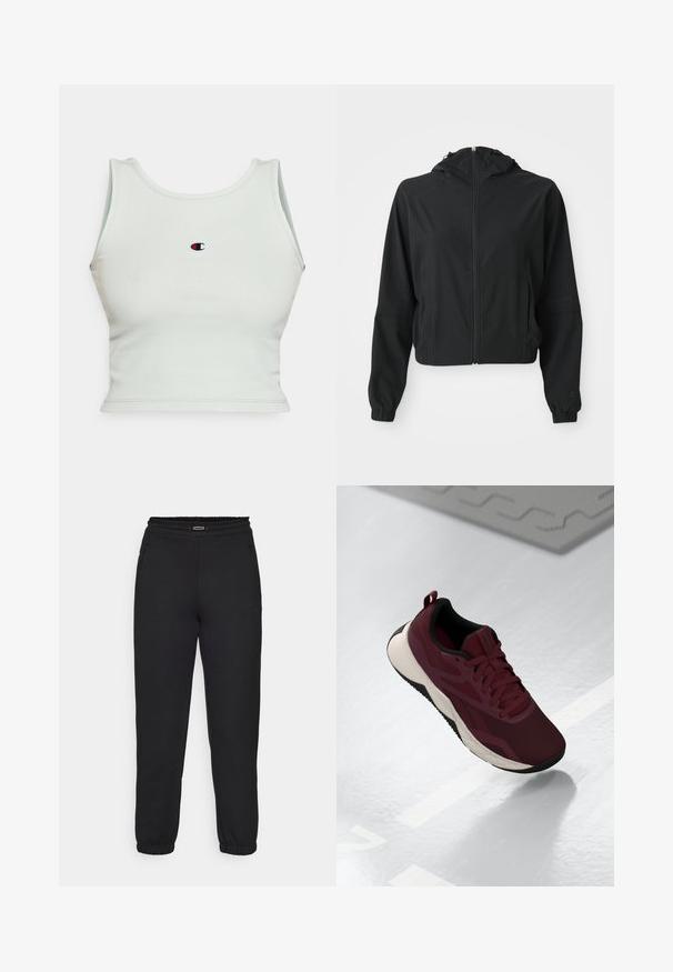 Black lightweight hooded jacket with front zipper, two side pockets, elastic cuffs, and subtle branding on the left sleeve and wrist.; Light green ribbed crop top with a round neckline and wide straps. Features a small, embroidered logo at the center front.; Champion C-TECH CUFFED PANTS INTERLOCK - Tracksuit bottoms - black; Maroon athletic shoe with mesh upper, black accents, and a cushioned white sole. Features lace-up closure and pull tab at the heel.