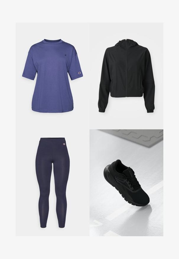 Black lightweight hooded jacket with front zipper, two side pockets, elastic cuffs, and subtle branding on the left sleeve and wrist.; Purple cotton crew-neck t-shirt with short sleeves, featuring a small logo on the chest and a logo patch on the sleeve.; Navy leggings made from stretchy fabric, featuring a high waistband and a small logo accent near the hip. No visible patterns or textures.; Black athletic shoe featuring a mesh upper, round toe, cushioned sole, and textured accents, positioned on a smooth white surface.