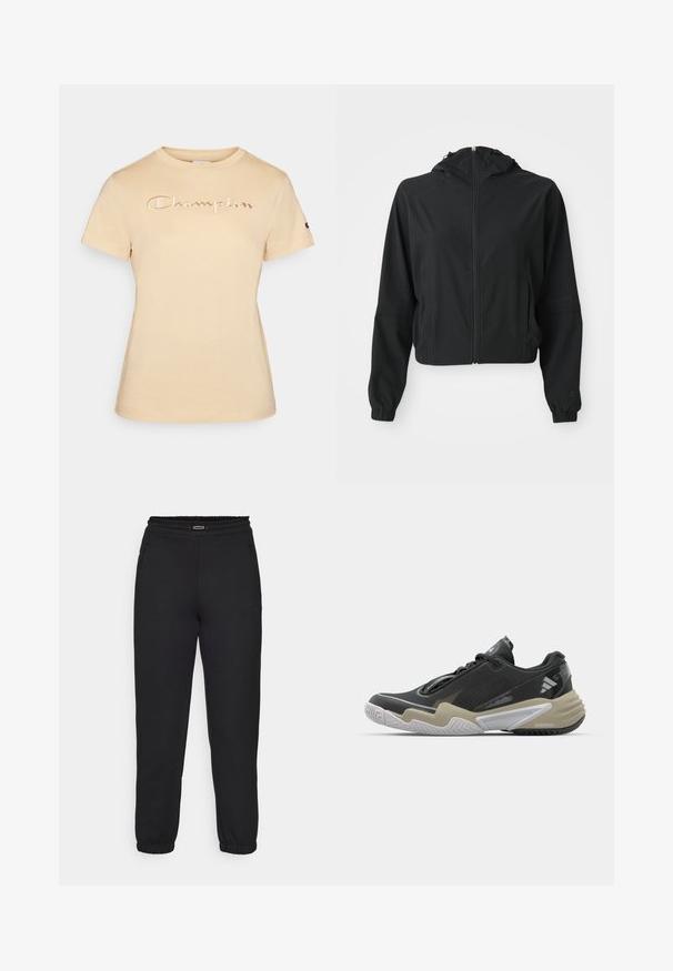 Černá lehká bunda s kapucí, předním zipem, dvěma bočními kapsami, elastickými manžetami a jemným logem na levém rukávu a zápěstí.; Beige tričko s krátkým rukávem vyrobené z měkké bavlny, s vyšitým logem "Champion" v světlé barvě přes hrudník a malým logem na rukávu.; Champion C-TECH CUFFED PANTS INTERLOCK - Teplákové kalhoty - black; Černá a béžová sportovní obuv s texturovaným svrškem, výrazným designem podešve, reflexními prvky a šněrovacím systémem. Lehká konstrukce.