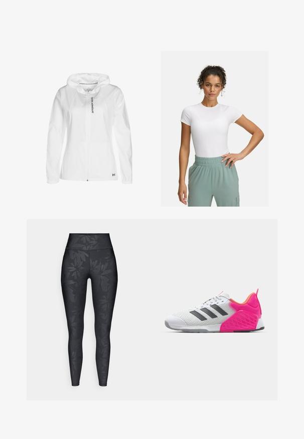Balts zip-up kvalitātes jaku, kas izgatavota no viegla materiāla, ar kapuci, elastīgiem piedurkņu galiem, un melnu logo detaļu apakšējā kreisajā pusē.; Balta pieguļoša T-kreklā ar īsām piedurknēm, kombinēta ar gaiši zaļām elastīgām biksēm. Gluda tekstūra, minimālisma dizains, bez redzamām rakstainām detaļām.; Melnas legingi ar tonālu ziedu rakstu, augstu vidukli un pieguļošu dizainu, izgatavoti no elastīga auduma, kas piemērots aktīvai valkāšanai.; Baltas sporta apavu modelis ar pelēkiem svītrām, sieta augšdaļa un rozā papēdis ar akcentiem. Iezīmējas ar teksturētu papēdi un gumijas zoli. Kordeles un mīkstināta apkakle.