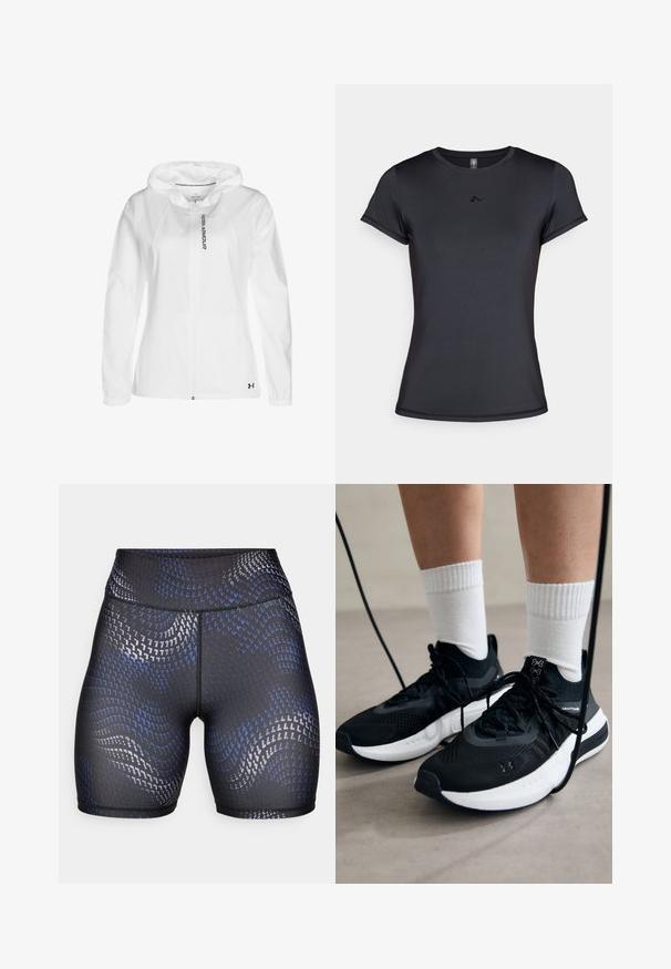 Felpa bianca con zip realizzata in materiale leggero, dotata di cappuccio, polsini elasticizzati e un dettaglio del logo nero sul lato sinistro in basso.; T-shirt nero a maniche corte realizzato in tessuto liscio e traspirante, con un design del logo minimale sulla parte anteriore. Collo a giroclassico.; Pantaloni shorts neri a vita alta realizzati in tessuto elasticizzato, con un motivo ondulato blu e argento. Texture liscia con dettagli di cucitura in contrasto.; Scarpe sportive nere con tessuto testurizzato, suola bianca e lacci neri. Indossate con calzini bianchi a costine, in piedi su una superficie chiara.