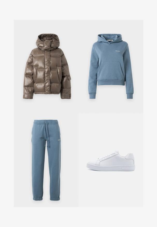 Jachetă umplută maro, cu guler înalt, având un finisaj lucios, buzunare frontale mari și o formă ușor supradimensionată.; Hanorac scurt, albastru, cu buzunar frontal tip kangaroo și un mic logo alb "Holzweiler" pe pieptul stâng, cu manșete și tiv cu nervuri.; Pantaloni jogger cu talie elastică, de culoare albastră, cu șnur ajustabil, buzunare laterale, mansete elastice și un logo mic alb pe coapsa stângă.; Sneakers low-cut din piele albă cu vârf rotund, talpă din cauciuc plat și detalii cu logo pe lateral. Prezentăm șase perechi de găuri pentru șireturi și accente texturate.