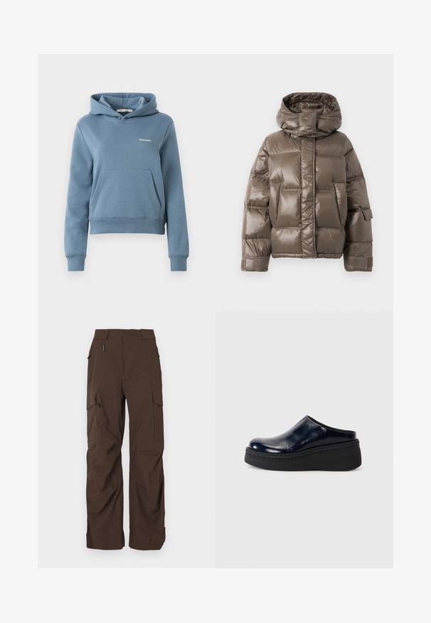 Bruine gewatteerde jas met een hoge kraag, voorzien van een glanzende afwerking, grote voorzakken en een licht oversized pasvorm.; Blauwe cropped hoodie met een voorvak in kangoeroestijl en klein wit 'Holzweiler' logo op de linkerborst, geribbelde boorden en onderrand.; Bruine cargobroek met een rechte snit, gemaakt van een duurzame stof. Bevat meerdere zakken en een veilige taillebandontwerp.; Navyblauwe gepatenteerde lederen klomp met een gladde afwerking, voorzien van een dikke zwarte platformzool en zichtbare stiksels langs de onderkant.