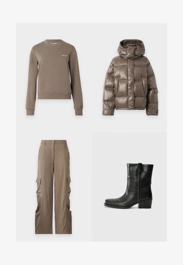 Brown padded jacket with a high collar, featuring a glossy finish, large front pockets, and a slightly oversized shape.; Brown sweatshirt with long sleeves, round neckline, and ribbed cuffs. Features a small white logo on the upper left side. Soft texture.; Cargo pants in a light brown fabric, featuring a straight-leg design, two side pockets, and two cargo pockets on the thighs.; Black leather ankle boot with a rounded toe, block heel, side zipper, and stitching accents on the vamp. Smooth texture, classic design.