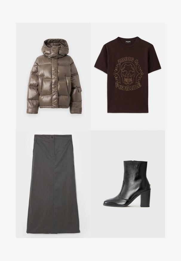 Ruskea pehmustettu takki korkealla kauluksella, joka on kiiltävä pinnaltaan, suurilla etutaskuilla ja hieman ylisuurella muodolla.; Musta t-paita, joka on valmistettu puuvillasta ja jossa on kultaisilla niitittämillä reunustettu pääkallo grafiikka sekä "Zadig & Voltaire" -teksti. Lyhyet hihat ja pyöreä kaula-aukko.; Harmaa hame, joka on valmistettu kevyestä materiaalista, jossa on suora muotoilu, etupocketsit, yksittäinen nappikiinnitys ja hienovaraiset ompelu-yksityiskohdat.; Mustat nahka ankle bootit, joissa on sileä pinta, terävä kärki ja paksu korkea korko. Sivusaumassa on avaus ja muuten yksinkertainen muotoilu.