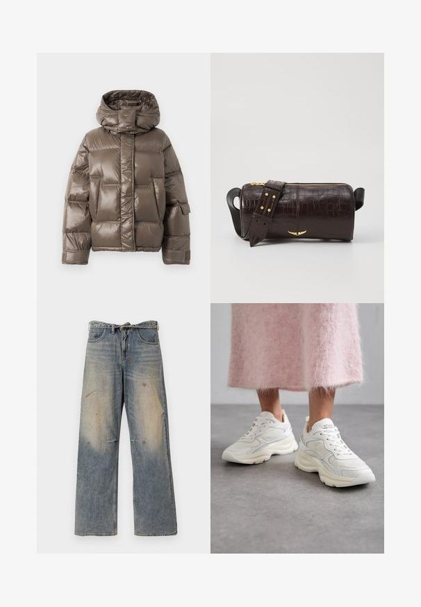 Giacca imbottita marrone con colletto alto, caratterizzata da una finitura lucida, ampie tasche frontali e una forma leggermente oversize.; Maglietta a maniche lunghe di colore beige chiaro con scollatura rotonda. Realizzata in tessuto morbido, presenta una cucitura centrale e un orlo leggermente curvato. Senza hardware visibile.; Jeans in denim azzurro chiaro con una vestibilità ampia e gambe dritte. Presentano effetti di usura, scolorimento e dettagli strappati vicino alle ginocchia. Stile classico a cinque tasche.; Sneakers bianchi realizzati in materiali mesh e pelle, con punta rotonda e suola imbottita. Presentano lacci e il nome del marchio sulla linguetta.; Borsa in pelle stampata a coccodrillo marrone con forma cilindrica, accessori in tonalità oro e una tracolla staccabile con borchie.