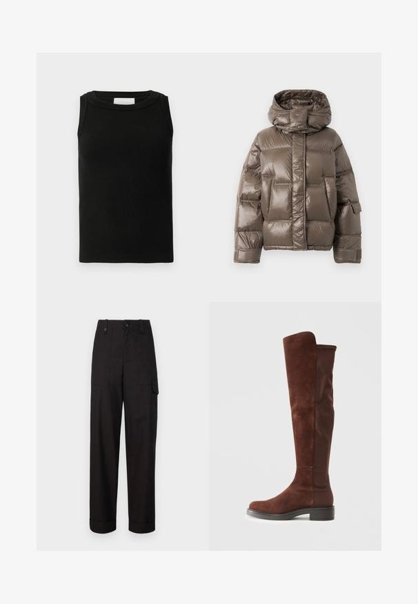 Brown padded jacket with a high collar, featuring a glossy finish, large front pockets, and a slightly oversized shape.; Black ribbed tank top made from a soft material, featuring a round neckline and sleeveless design. Simple and versatile shape.; Black cotton cargo pants with a straight fit, featuring two side pockets and rolled cuffs. Button and zipper closure at the front.; Tall brown suede and fabric boot with low black heel and rounded toe, shown in side view on plain white background.