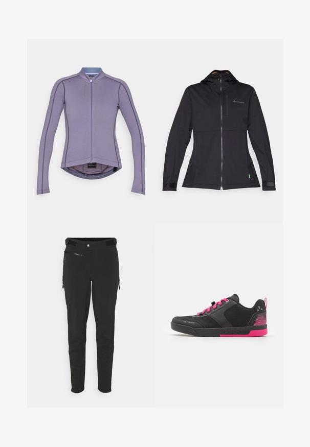 Veste softshell noire avec capuche, dotée d'une fermeture éclair à l'avant, de poignets élastiques et d'un logo sur la poitrine. Texture lisse, design ajusté.; Maillot de cyclisme à manches longues violet, avec un col haut, une fermeture éclair devant et des coutures contrastantes. Possède un ourlet arrondi et un tissu respirant.; Pantalons de plein air noirs en tissu extensible, dotés de poches zippées, d'une coupe ajustée et d'une texture lisse avec des panneaux de genoux renforcés.; Chaussure de sport noire avec des accents roses, dotée d'un dessus en mesh, d'un collier rembourré et d'une semelle en caoutchouc texturée. Les lacets sont d'un rose vif.