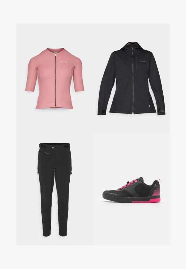 Giacca softshell nera con cappuccio, presenta una zip frontale, polsini elasticizzati e un logo sul petto. Tessuto morbido, design sartoriale.; Maglia da ciclismo rosa a maniche corte con chiusura a zip. Texture a coste e design aderente. Presenta il logo sul lato sinistro del petto.; Pantaloni da esterno neri realizzati in tessuto elasticizzato, dotati di tasche con zip, vestibilità slim e texture morbida con pannelli rinforzati sulle ginocchia.; Scarpa sportiva nera con dettagli rosa, dotata di una tomaia in rete, colletto imbottito e suola in gomma testurizzata. I lacci sono di un rosa brillante.