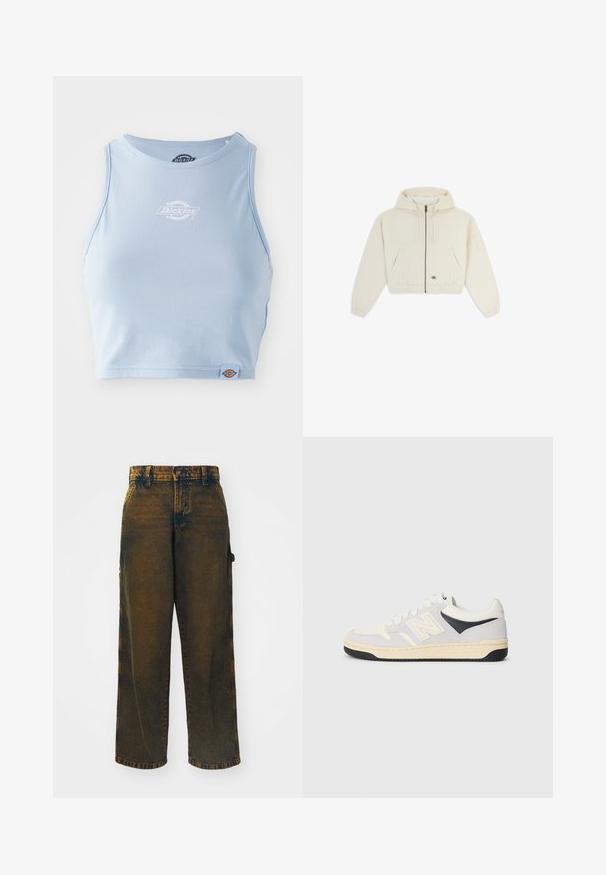 Giacca corta di colore crema chiaro con cappuccio, zip frontale, polsini elasticizzati e due tasche laterali. Presenta un piccolo logo sulla parte anteriore sinistra.; Top corto in cotone blu chiaro con collo a giro, caratterizzato da un logo stampato bianco sul petto e un piccolo etichetta del logo all'orlo.; Jeans a gamba larga realizzati in denim, con una colorazione marrone scuro sbiadita e accenti più chiari, un classico design a cinque tasche e chiusura a bottone.; Sneaker sportivo in bianco, grigio e nero. Presenta materiali in suede e tessuto, punta perforata e logo sul lato. Suola in gomma.