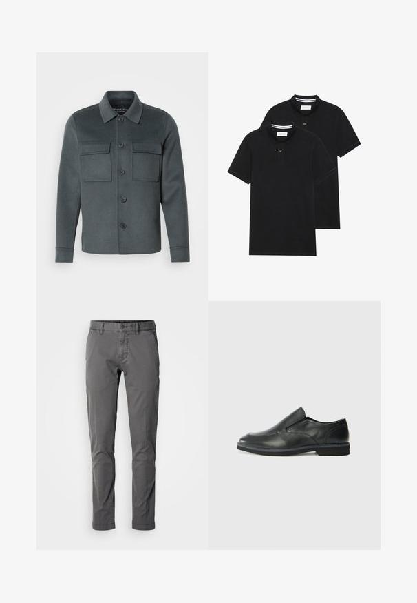 Mörkgrå jacka gjord av mjukt tyg, med knappstängning fram, två bröstfickor och en krage med vikta ärmslut.; Två svarta polo t-shirts, kortärmade, i bomullsmaterial, med en klassisk krage, tvåknappsslutning och vita randiga accenter inuti kragen.; Slim-fit grå bomullbyxor med knappstängning, sidofickor och en slät yta. Har en klassisk design och skräddarsydd silhuett.; Svart lädersko i slip-on-modell med en slät ovandel, sömnadsdetaljer, rund tå och låg gummihäl. Sulan har minimal mönstring.