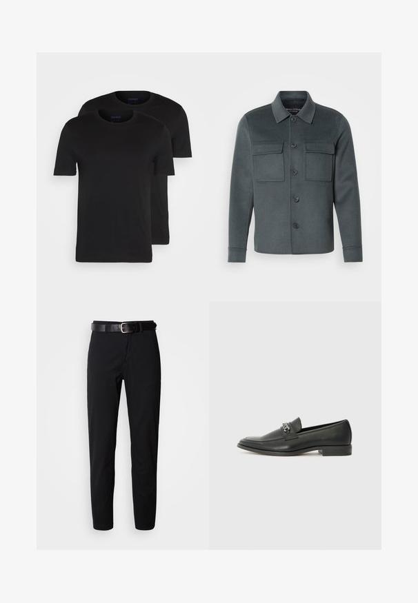 Tamsiai pilkas švarkas, pagamintas iš minkštos medžiagos, turi mygtukų užsegimą, dvi krūtinės kišenes ir apykaklę su sulenktais rankovėmis.; Esprit 2 PACK - Paprasti marškinėliai - black; Juodi kelnių modeliai su tiesiu kirpimu, turintys lygų paviršių ir juodas odinis diržas su sidabriniu sagtimi. Paprastas dizainas, be raštų ar akcentų.; Juodos odinės loafer tipo bateliai su lygiu paviršiumi, turintys siuvinėtą dizainą ir dekoratyvų metalo grandinėlės akcentą ant batų viršaus. Plokščias kulnas.