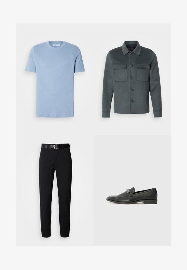 Tamsiai pilkas švarkas, pagamintas iš minkštos medžiagos, turi mygtukų užsegimą, dvi krūtinės kišenes ir apykaklę su sulenktais rankovėmis.; Šviesiai mėlynas medvilninis marškinėliai, trumpomis rankovėmis, su apvaliu kaklu, subtili logotipas priekyje, lygus paviršius, įprasta forma.; Juodi kelnių modeliai su tiesiu kirpimu, turintys lygų paviršių ir juodas odinis diržas su sidabriniu sagtimi. Paprastas dizainas, be raštų ar akcentų.; Juodos odinės loafer tipo bateliai su lygiu paviršiumi, turintys siuvinėtą dizainą ir dekoratyvų metalo grandinėlės akcentą ant batų viršaus. Plokščias kulnas.