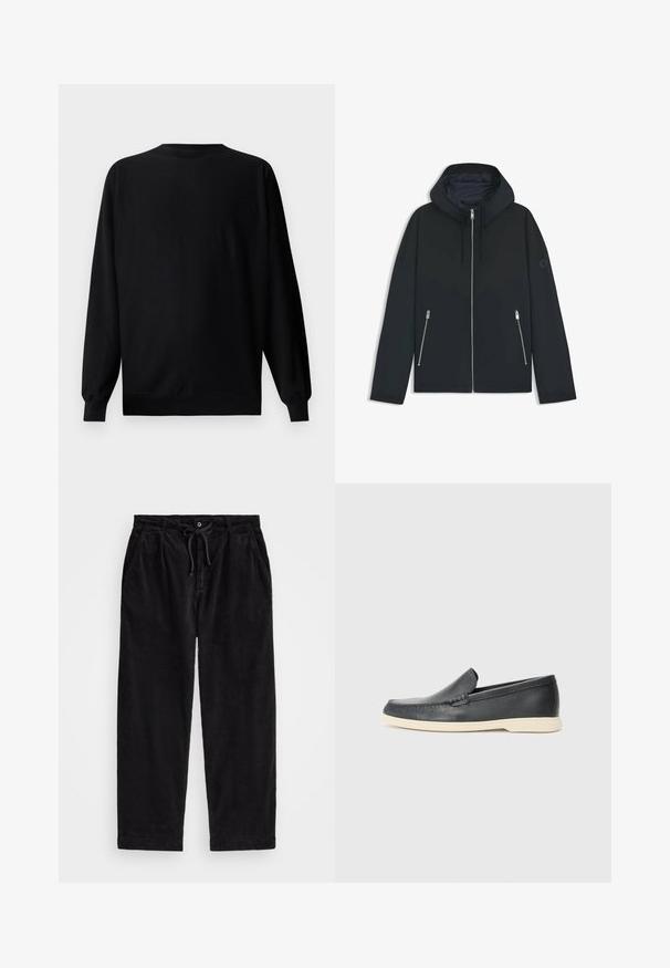Giacca nera con cappuccio e un design geometrico a contrasto, dotata di chiusura con zip e due tasche laterali con zip argentate. Tessuto dalla texture liscia.; Felpa nera con maniche lunghe, scollatura a girocollo e polsini a costine. Presenta un logo goffrato discreto nella zona sinistra del petto.; Pantaloni in velluto a coste neri con una vestibilità rilassata, dotati di una vita elasticizzata con cordoncino e tasche laterali. Il tessuto presenta una texture a coste.; Mocassini neri in pelle con finitura testurizzata e suola in gomma beige a contrasto. Presentano un accento sottile lungo la parte anteriore.