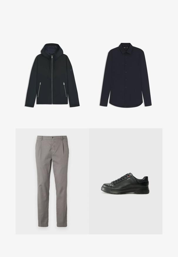 Black hooded jacket with a contrasting geometric design, featuring a zip closure and two side pockets with silver zippers. Smooth fabric texture.; Navy long-sleeve button-up shirt made from smooth fabric with a structured collar, featuring dark buttons and a curved hem.; Gray cotton trousers with a straight-leg design, featuring a button closure, pleats, and side pockets. Smooth texture with minimal detailing.; Black leather sneaker with textured upper, padded collar, and red logo detail. Features a thick rubber sole with distinct tread pattern.