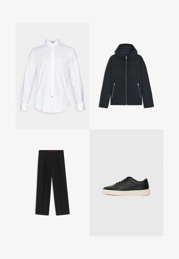 Giacca nera con cappuccio e un design geometrico a contrasto, dotata di chiusura con zip e due tasche laterali con zip argentate. Tessuto dalla texture liscia.; Camicia bianca a maniche lunghe realizzata in tessuto morbido, con colletto classico, chiusura a bottoni e orlo arrotondato con un piccolo dettaglio a bottone.; Pantaloni neri a gamba larga con fronte piatto, due tasche laterali, design plissettato e un elastico in vita di colore rosso a contrasto.; Sneaker in pelle nera a basso profilo con lacci neri e suola avorio, mostrato di profilo su sfondo bianco.