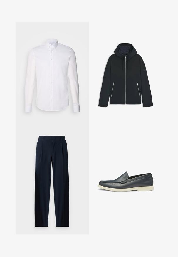 Zwarte hooded jacket met een contrasterend geometrisch ontwerp, voorzien van een ritssluiting en twee zijzakken met zilveren ritsen. Soepele stoftextuur.; Witte lange mouwen overhemd met knopen, gemaakt van katoen, voorzien van een klassieke kraag, voorkant met knopen en minimale stikdetails.; Marineblauwe broeken met een gladde textuur, wijde pijpen, plooien aan de voorkant, ceintuurlussen en een ritsluiting. Geschikt voor formele of casual gelegenheden.; Marine leren instappers met een soepele textuur, slip-on ontwerp en contrasterende witte rubberen zool. Heeft een decoratieve gestikte accent op de bovenkant.