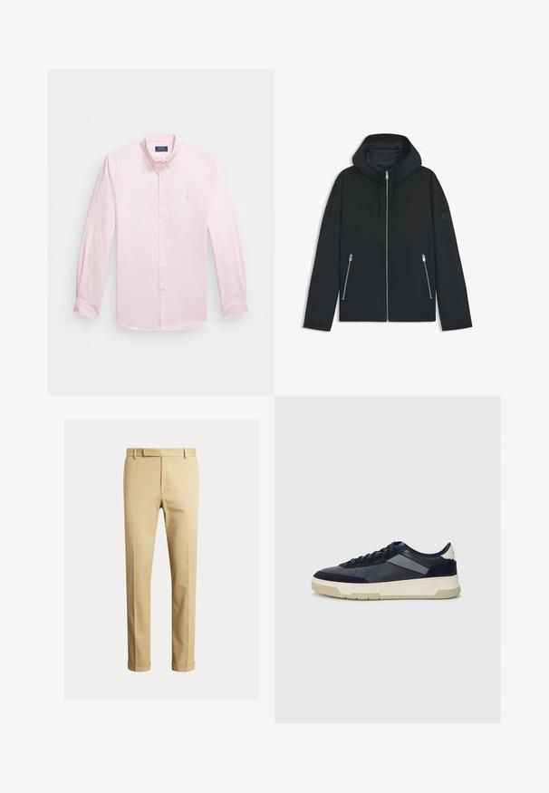 Svart huva jacka med en kontrasterande geometrisk design, med dragkedjestängning och två sidfickor med silverdragkedjor. Släta tygstruktur.; Ljust rosa långärmad skjorta i en liten rutig mönster, med knäppningkrage och broderad logotyp på vänster bröst. Tillverkad av bomull.; Khaki chinos tillverkade av slät bomullstyg, med en figurnära design, framfickor, och manschetter vid ankeln för en avsmalnande look.; BOSS BALTIMORE - Sneakers - open blue