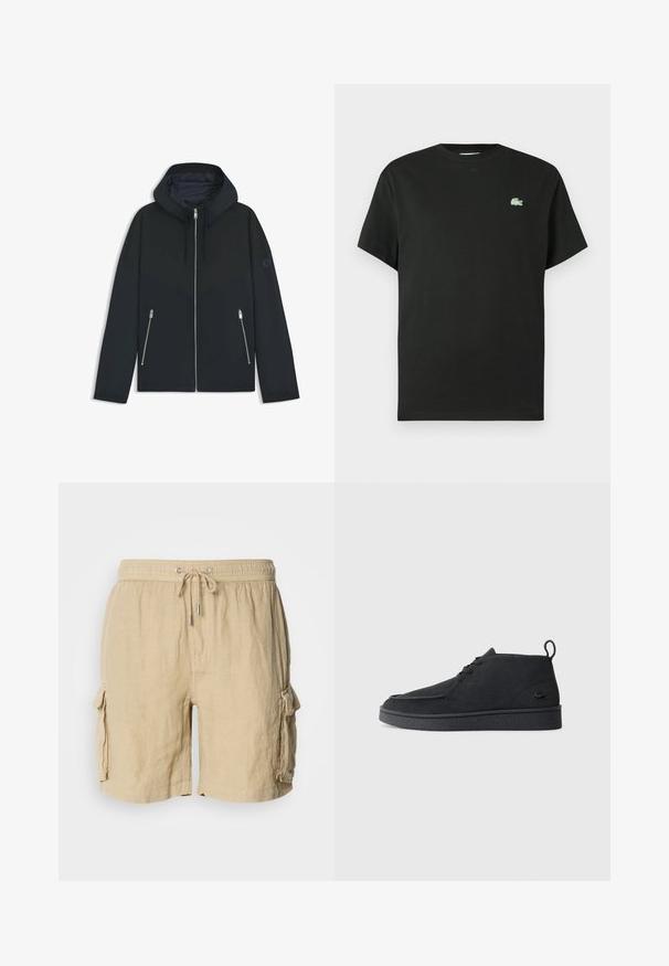 Zwarte hooded jacket met een contrasterend geometrisch ontwerp, voorzien van een ritssluiting en twee zijzakken met zilveren ritsen. Soepele stoftextuur.; Zwart katoenen t-shirt met een ronde hals, korte mouwen en een groen geborduurd logo op de linkerborst. Gladde textuur, ontspannen pasvorm.; Beige cargoshorts van een lichtgewicht stof met een elastische tailleband en touwtje. Voorzien van twee zijzakken en een gestructureerde afwerking.; Zwarte suède veterschoenen tot de enkel met een trekband en een gestructureerde zool, met een klein reliëf krokodillenlogo aan de zijkant.