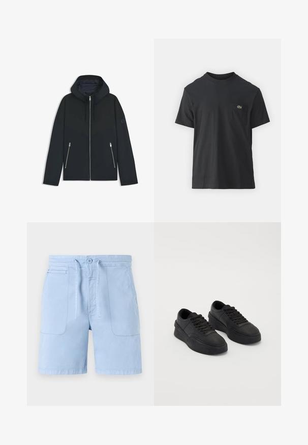 Chaqueta negra con capucha, con un diseño geométrico en contraste, que presenta un cierre de cremallera y dos bolsillos laterales con cremalleras plateadas. Textura de tela suave.; Camiseta de algodón negra de manga corta, con cuello redondo y un pequeño logotipo verde en el bolsillo izquierdo del pecho. Diseño simple, ajuste regular.; Pantalones cortos azul claro de algodón, con cintura ajustable mediante cordón, dos bolsillos frontales y una textura suave. Diseño básico con acentos mínimos.; Zapatillas negras de cuero suave con una suela acolchada. Entre sus características se incluyen cordones planos, perforaciones en la punta y una silueta estilizada.