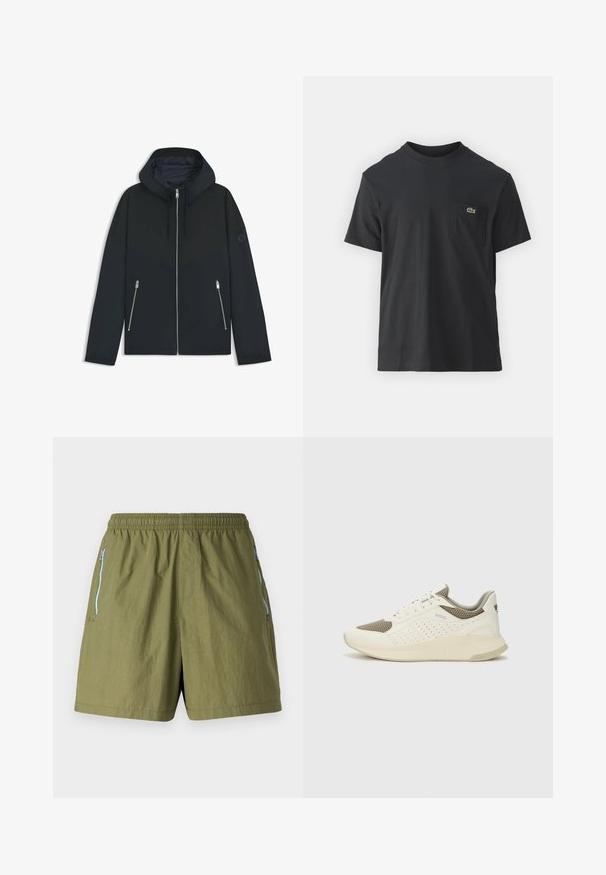 Schwarze Kapuzenjacke mit einem kontrastierenden geometrischen Design, ausgestattet mit einem Reißverschluss und zwei seitlichen Taschen mit silbernen Reißverschlüssen. Glatte Stoffoberfläche.; Schwarz Baumwoll-T-Shirt mit kurzen Ärmeln, rundem Ausschnitt und einem kleinen grünen Logo auf der linken Brusttasche. Einfaches Design, reguläre Passform.; Olivgrüne Shorts mit elastischem Bund, seitlichen Reißverschlusstaschen und einem leichten, strukturierten Stoff.; Weiße und hellbeige Sport Sneakers, ausgestattet mit einem Obermaterial aus Netzgewebe, perforierten Details und einer strukturierten Zwischensohle mit Branding an der Ferse.