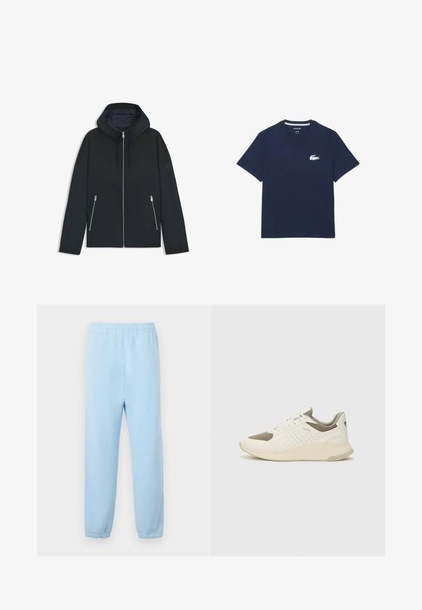 Black hooded jacket with a contrasting geometric design, featuring a zip closure and two side pockets with silver zippers. Smooth fabric texture.; Navy blue cotton t-shirt with short sleeves, crew neckline, and a white embroidered crocodile logo on the left chest. Regular fit.; Light blue sweatpants with an elastic waistband, cuffed hems, and a soft texture. Minimalist design, no patterns or embellishments.; White and light beige athletic sneaker, featuring a mesh upper, perforated detailing, and a textured midsole with branding on the heel.