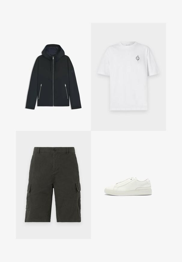 Black hooded jacket with a contrasting geometric design, featuring a zip closure and two side pockets with silver zippers. Smooth fabric texture.; White cotton t-shirt with a relaxed fit, featuring a small black graphic logo on the left chest area. Short sleeves, crew neck style.; Dark green cargo shorts made of a lightweight fabric, featuring two side pockets and a button closure at the waist.; White leather sneaker featuring a textured upper, a round toe, minimalistic design, and a rubber sole with stitched detailing.